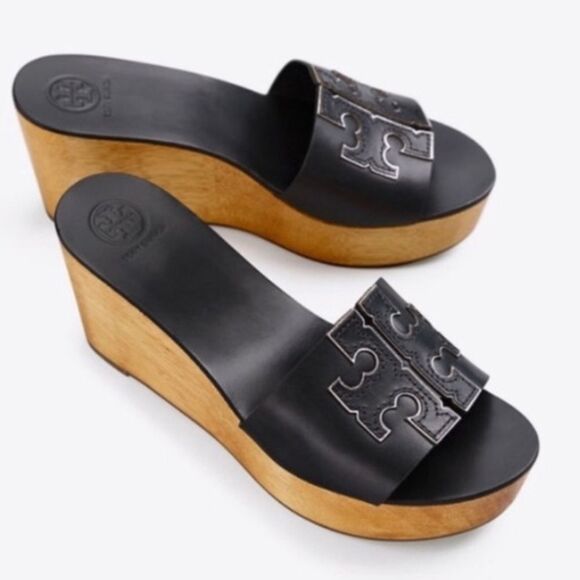Tory Burch Ines Wedge Slides Calf Leather Metallic Perfect Black Sandals size 9 - Picture 1 of 10